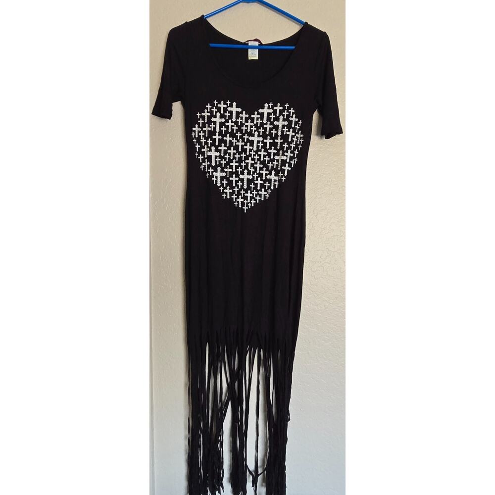 Vintage Annabelle U.S A. Black Fringe Dress w Beaded Crosses Heart Shape Medium